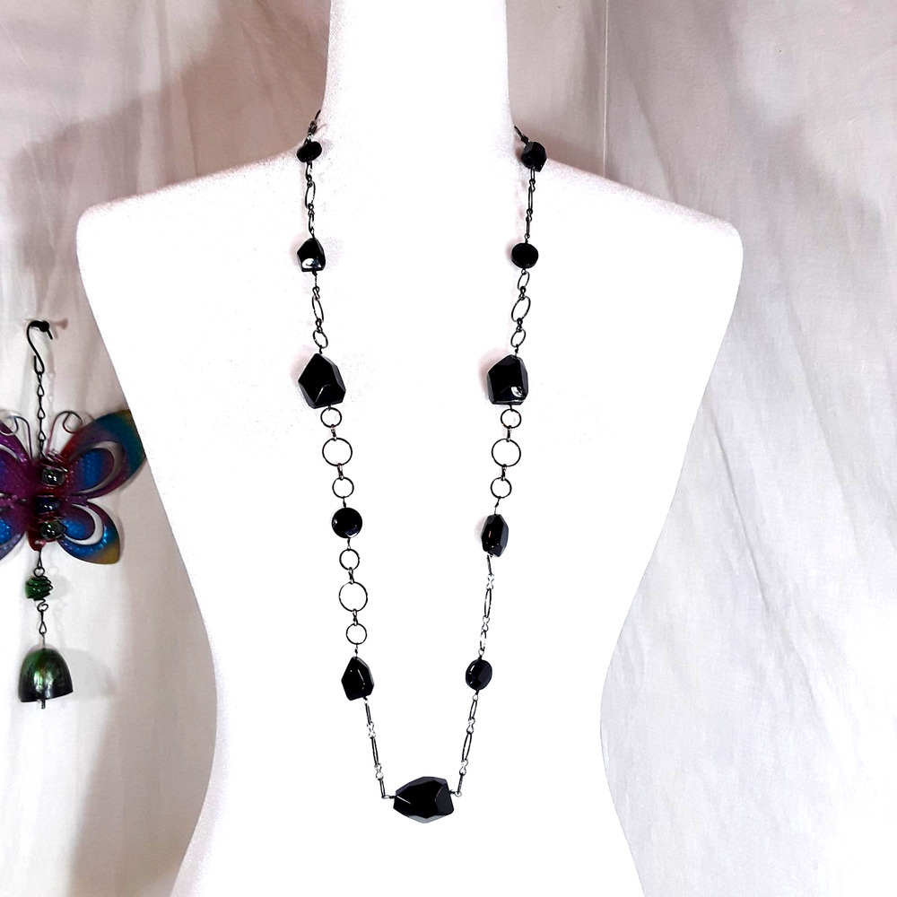 Black Faceted Glass Gunmetal Necklace 36''    Goth   Glam